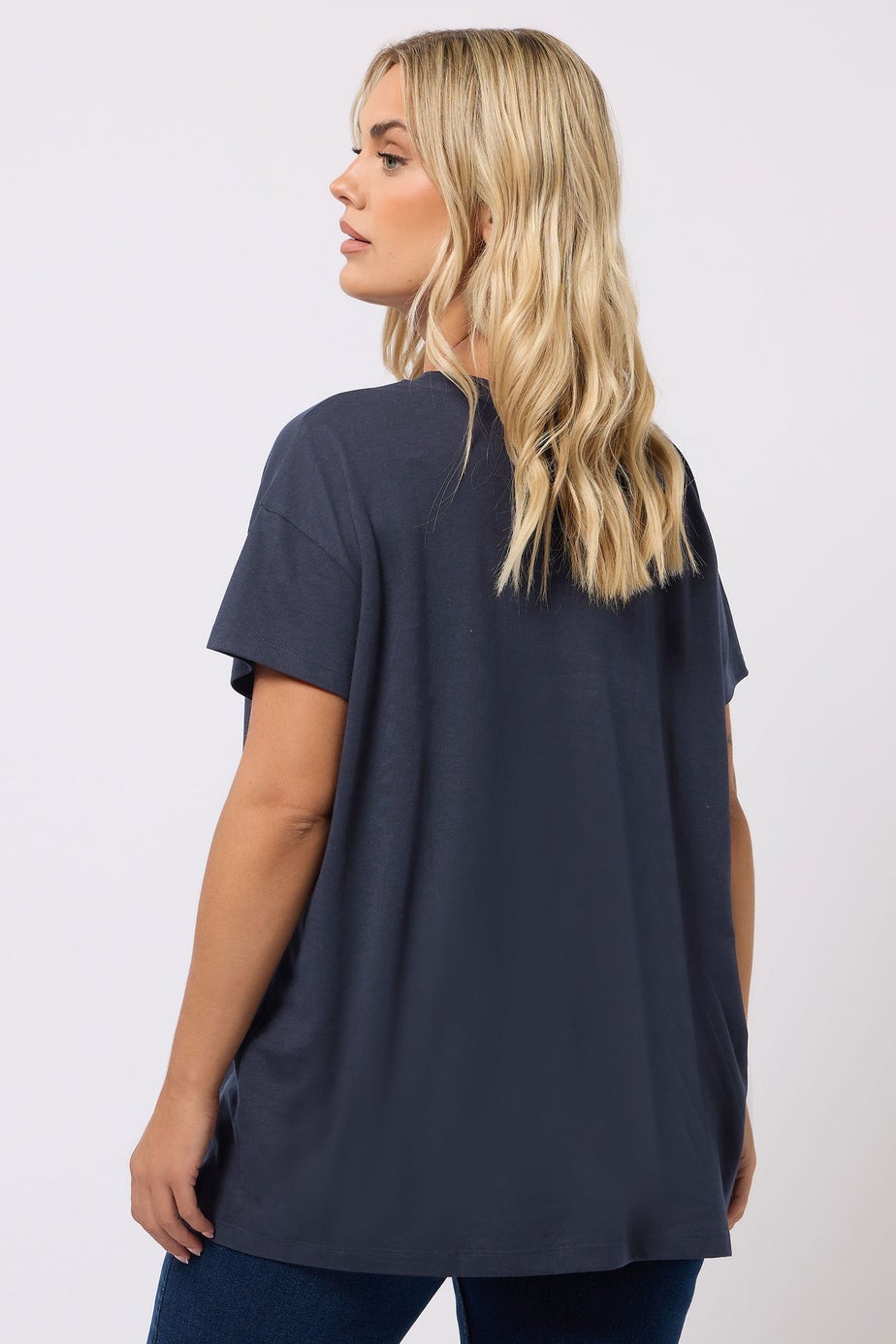 Yours Curve Navy Blue Floral Heart Embroidered T-Shirt