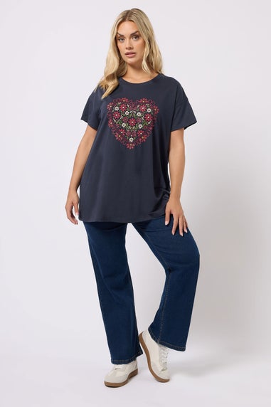 Yours Curve Navy Blue Floral Heart Embroidered T-Shirt