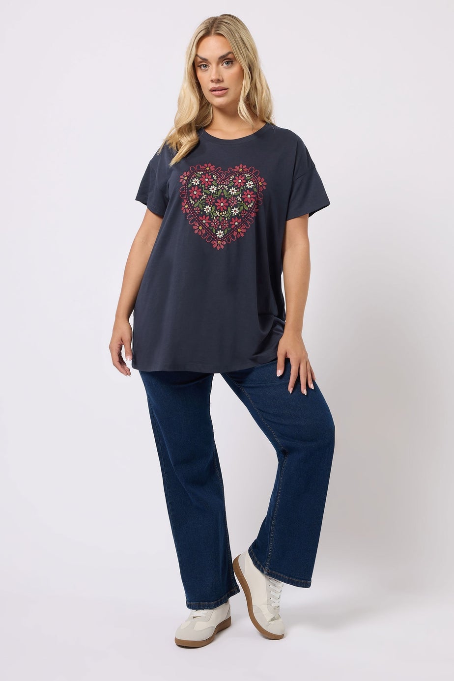 Yours Curve Navy Blue Floral Heart Embroidered T-Shirt