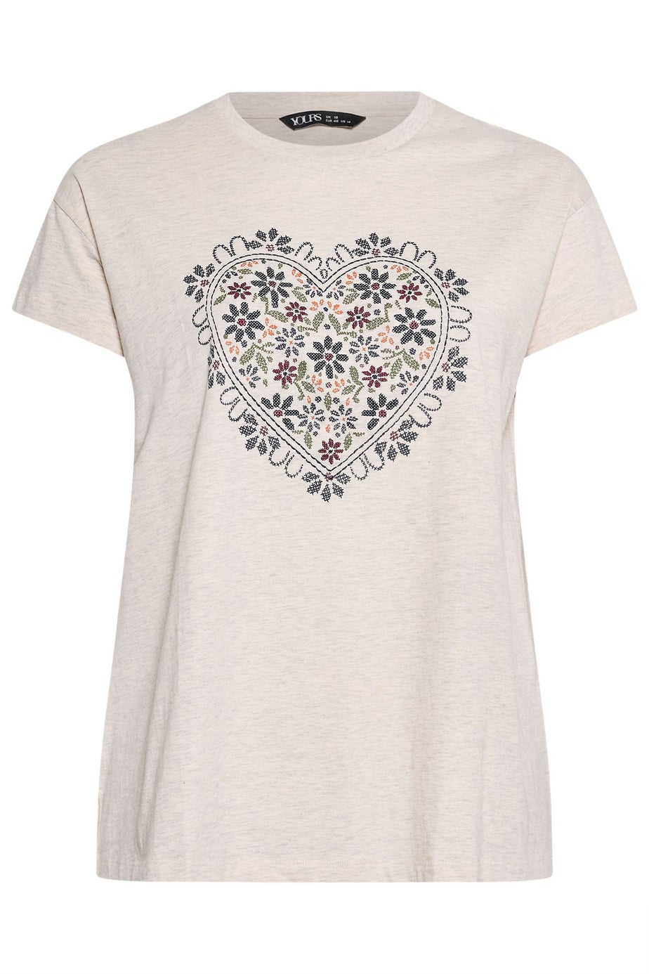 Yours Curve Cream Floral Heart Embroidered T-Shirt