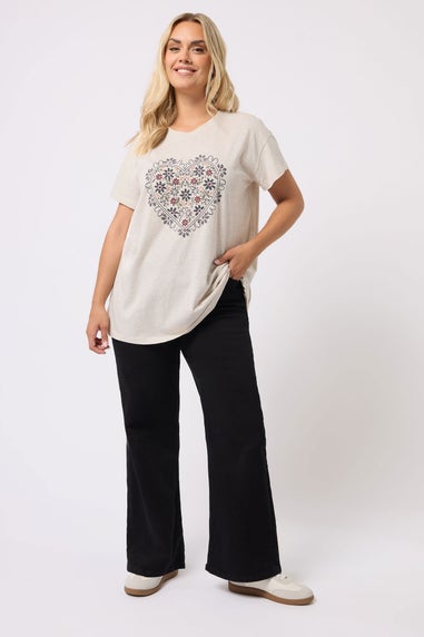 Yours Curve Cream Floral Heart Embroidered T-Shirt