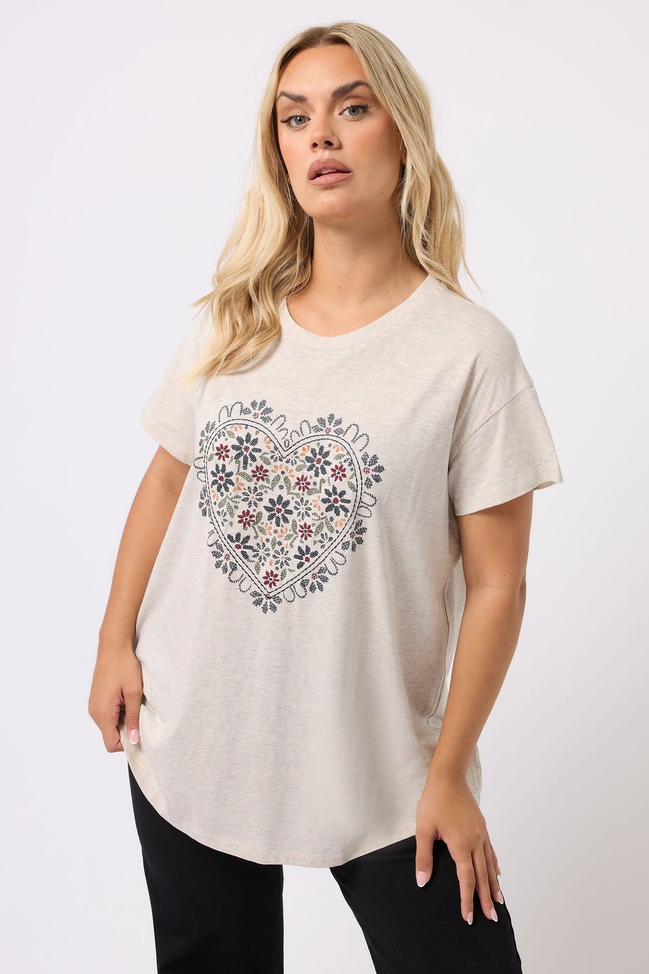 Yours Curve Cream Floral Heart Embroidered T-Shirt