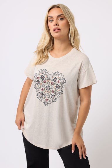 Yours Curve Cream Floral Heart Embroidered T-Shirt