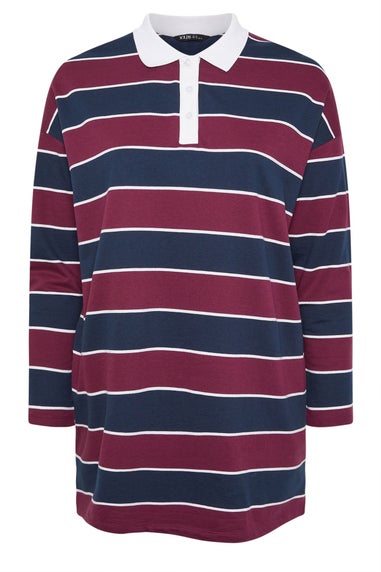 Yours Curve Burgundy Red Stripe Rugby Collar Tunic Top