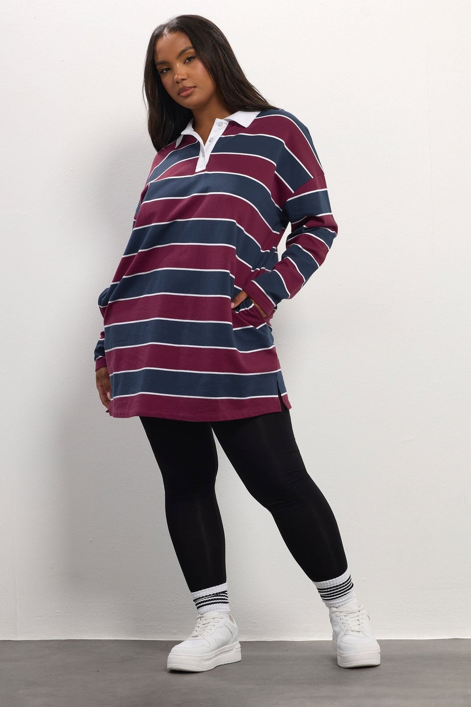 Yours Curve Burgundy Red Stripe Rugby Collar Tunic Top
