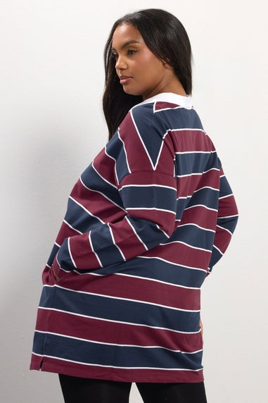 Yours Curve Burgundy Red Stripe Rugby Collar Tunic Top