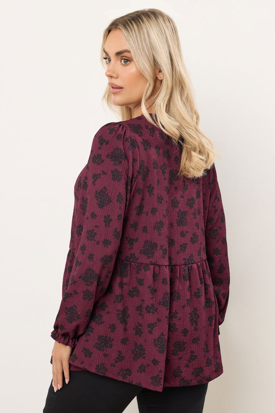 Yours Curve Wine Red Floral Bow Front Peplum Top