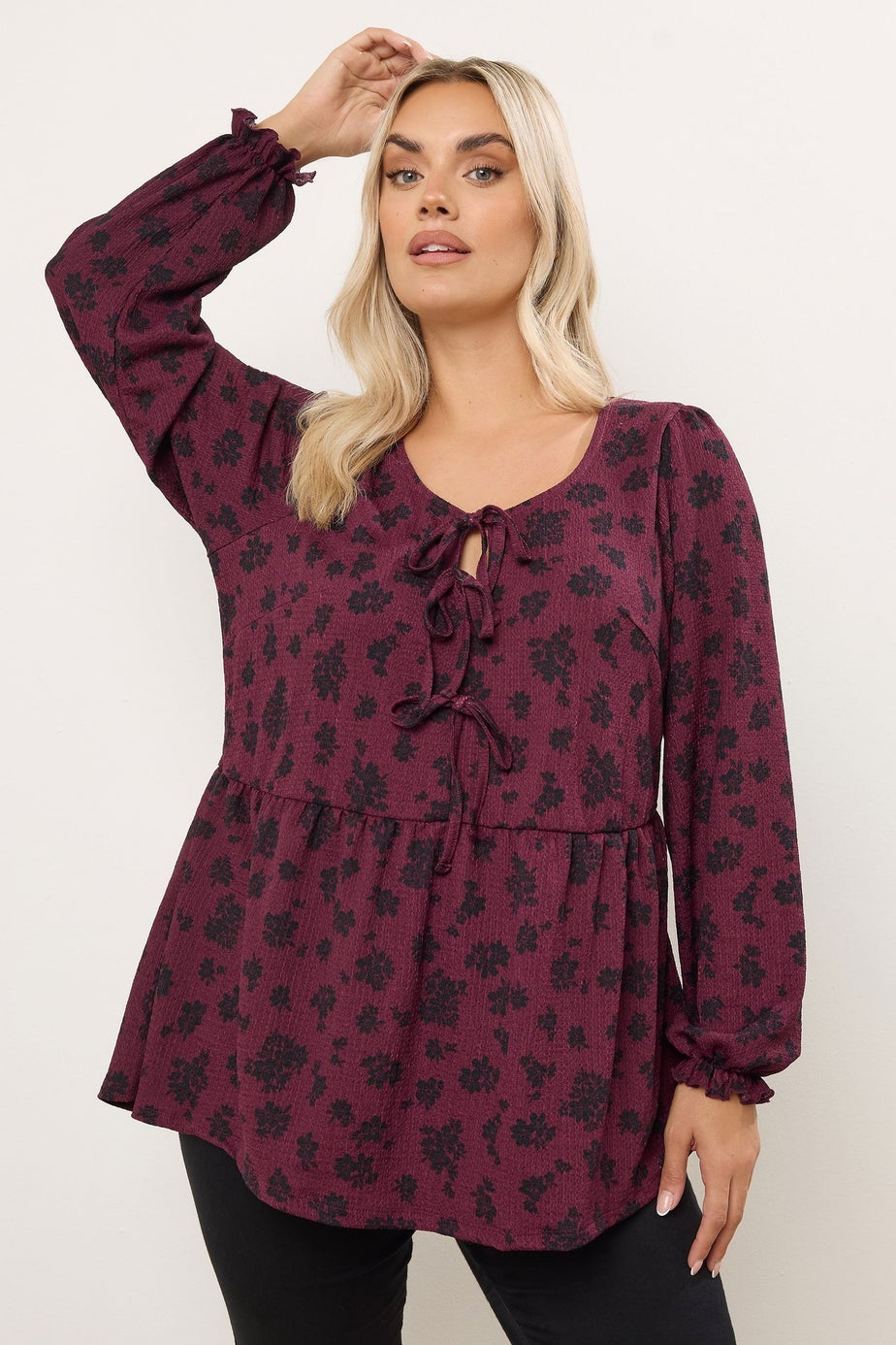 Yours Curve Wine Red Floral Bow Front Peplum Top