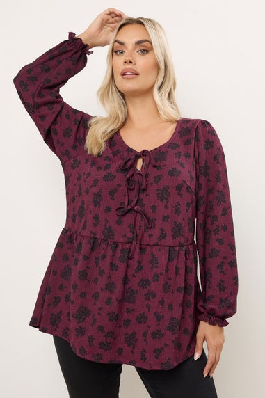 Yours Curve Wine Red Floral Bow Front Peplum Top