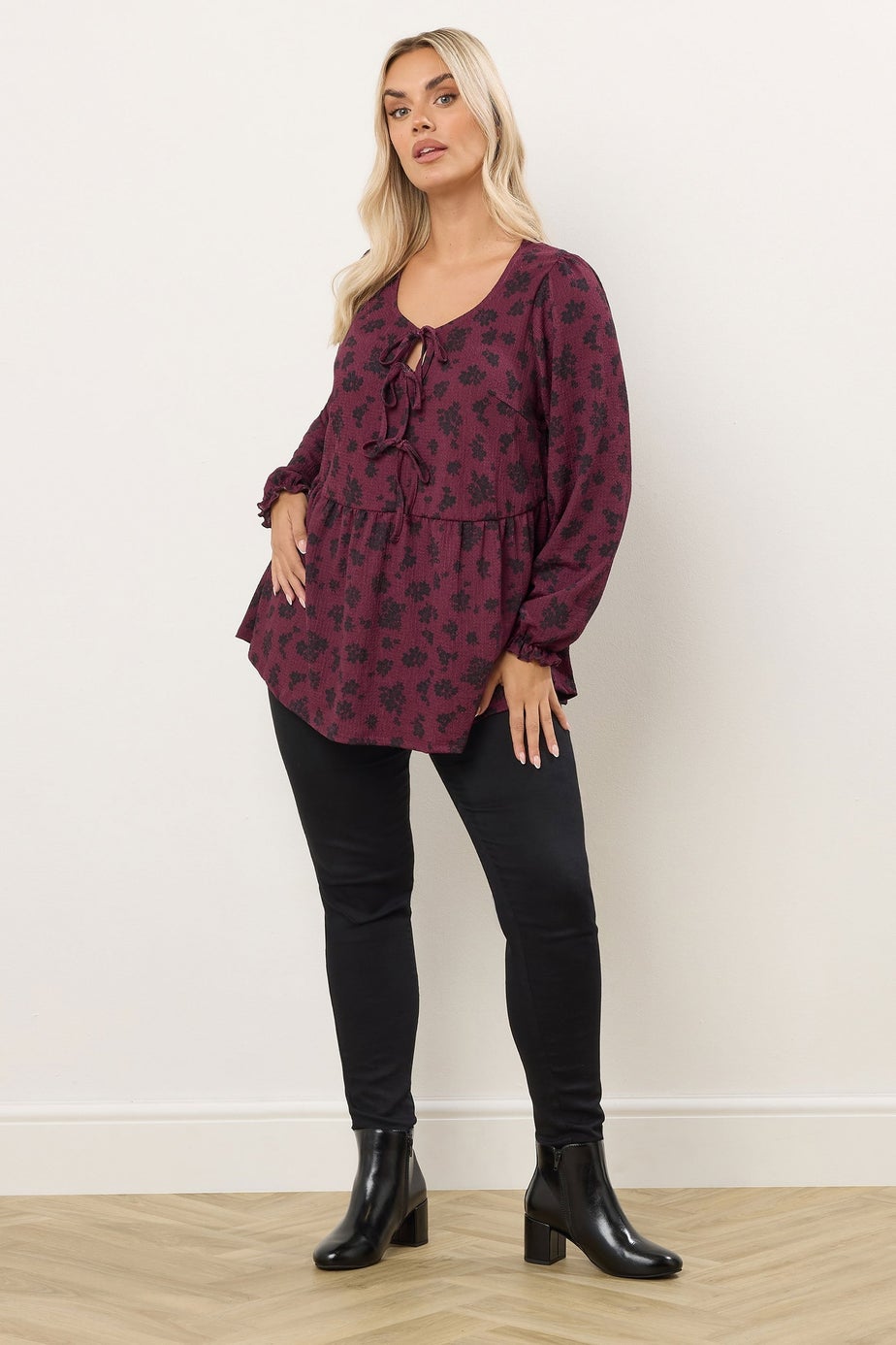 Yours Curve Wine Red Floral Bow Front Peplum Top