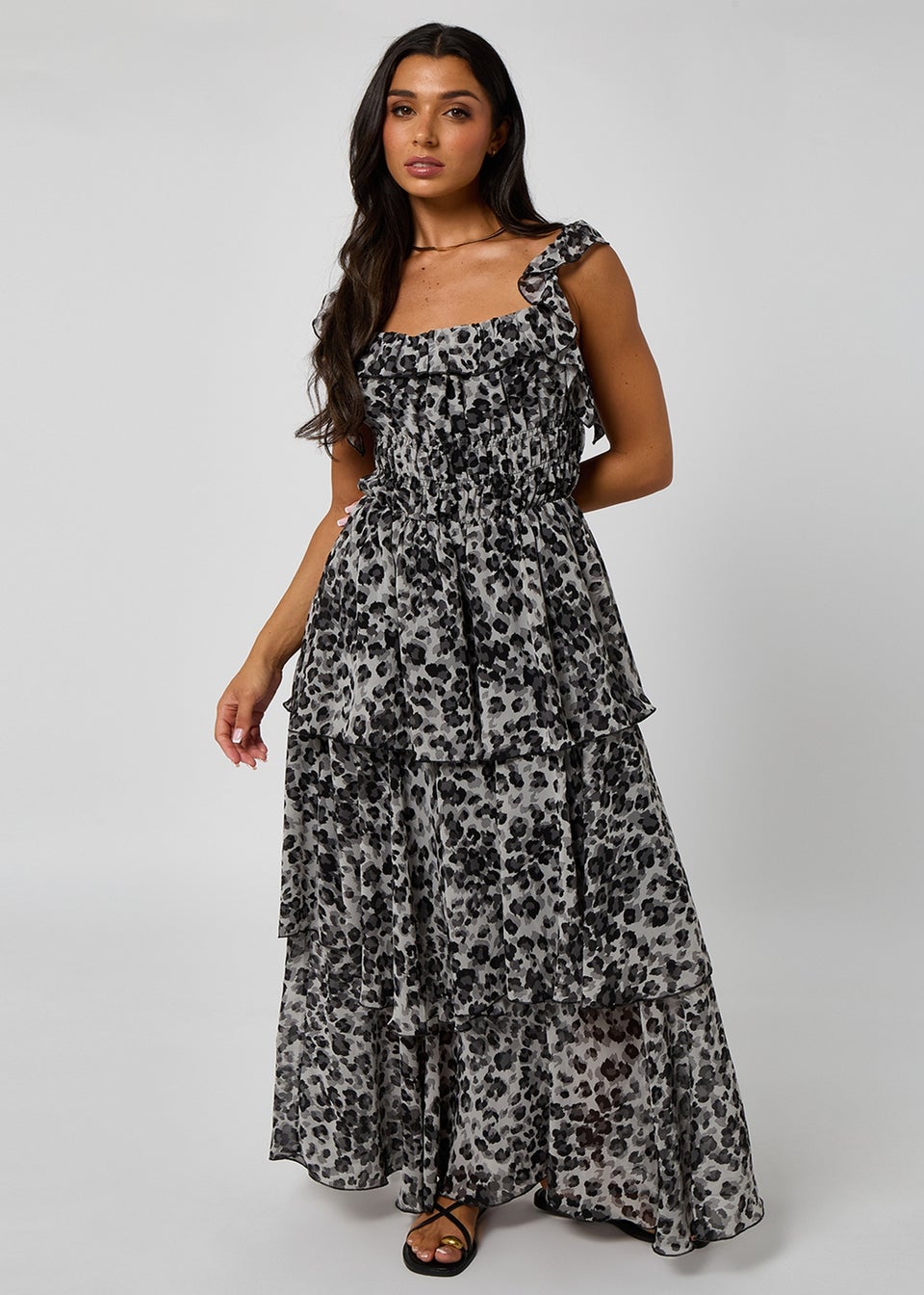 Urban Bliss Grey Leopard Tiered Midaxi Dress With Ruffles