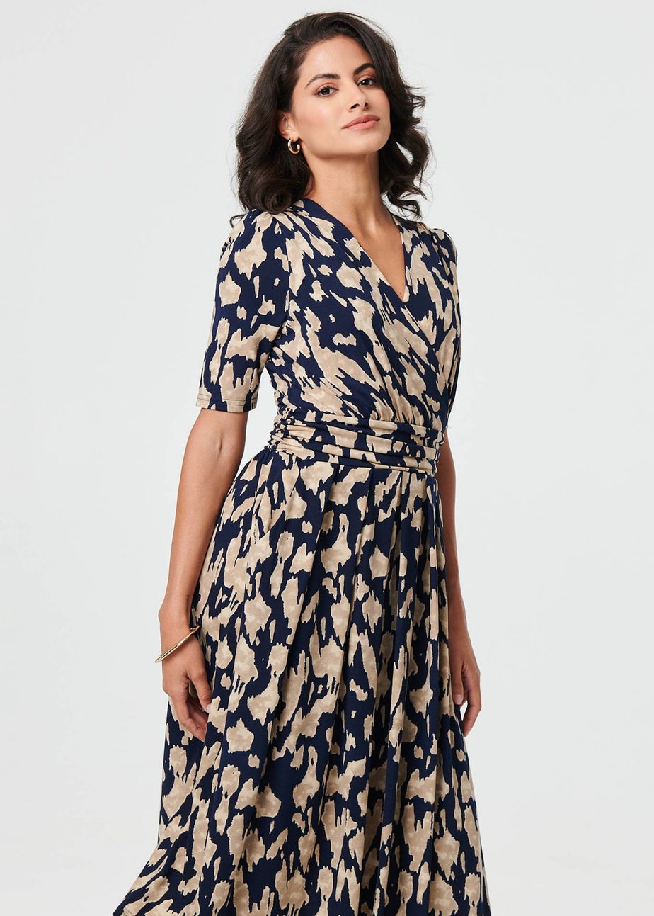 Izabel London Navy Printed Ruched 1/2 Sleeve Midi Dress