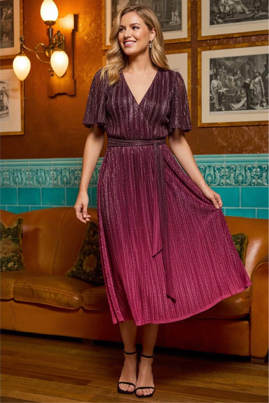 Roman Wine Ombre Shimmer Plisse Midi Dress