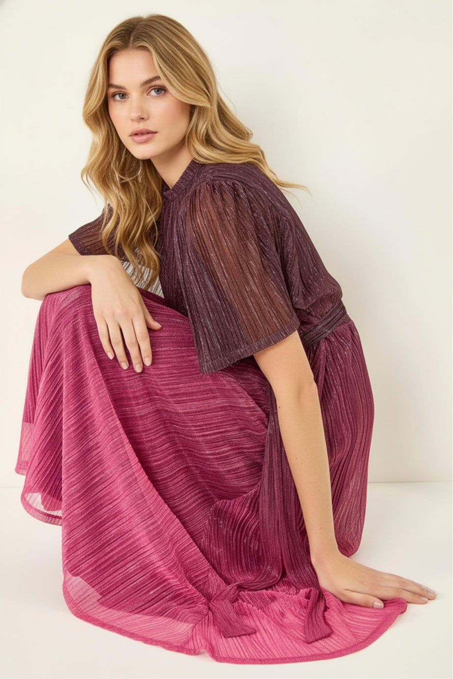 Roman Wine Ombre Shimmer Plisse Midi Dress