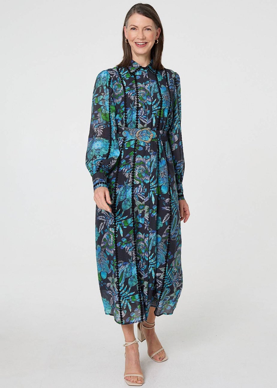 Izabel London Blue Printed Embellished Belted Maxi Dress