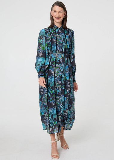 Izabel London Blue Printed Embellished Belted Maxi Dress