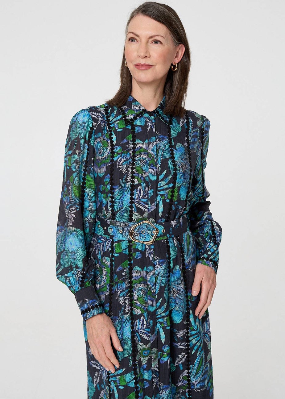 Izabel London Blue Printed Embellished Belted Maxi Dress