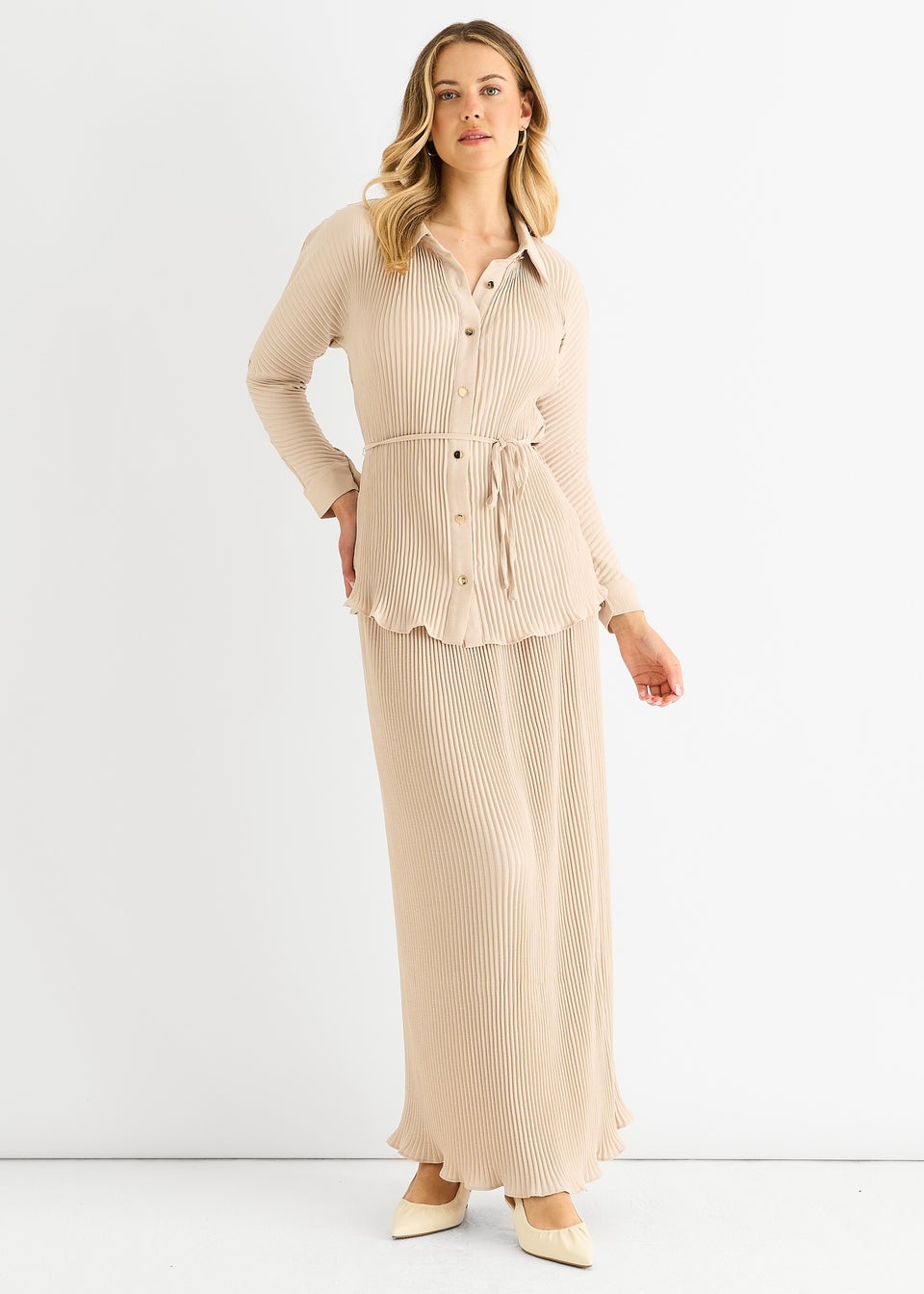 Gini London Beige Plisse Elasticated Waist Maxi Skirt