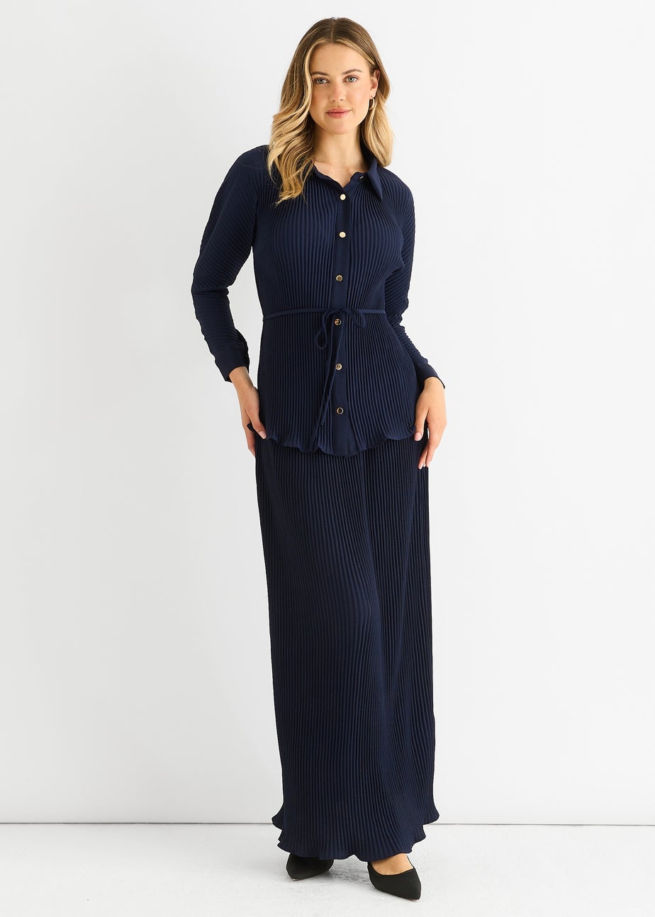 Gini London Navy Plisse Elasticated Waist Maxi Skirt