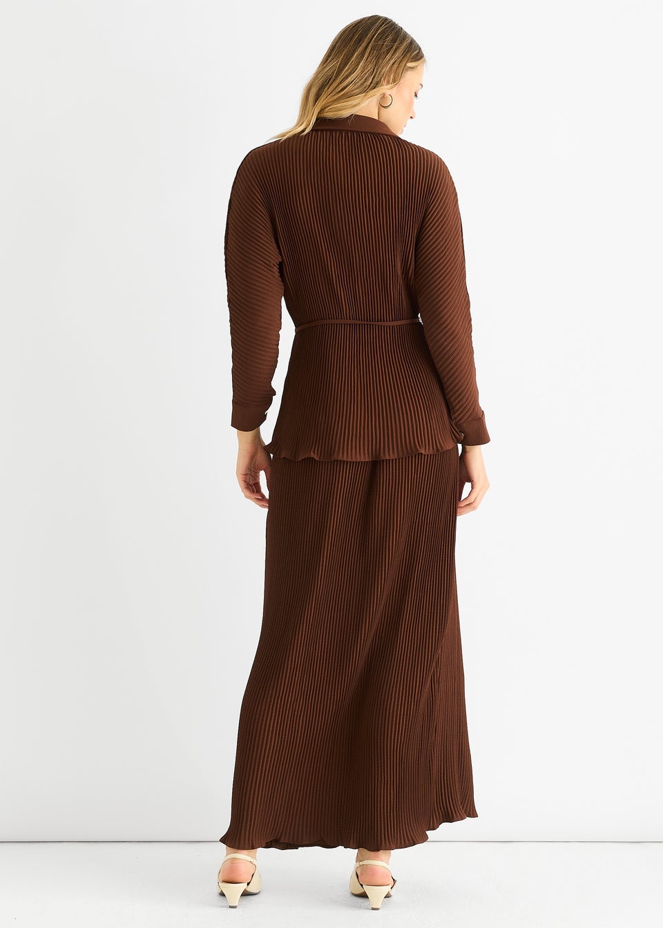 Gini London Chocolate Plisse Elasticated Waist Maxi Skirt