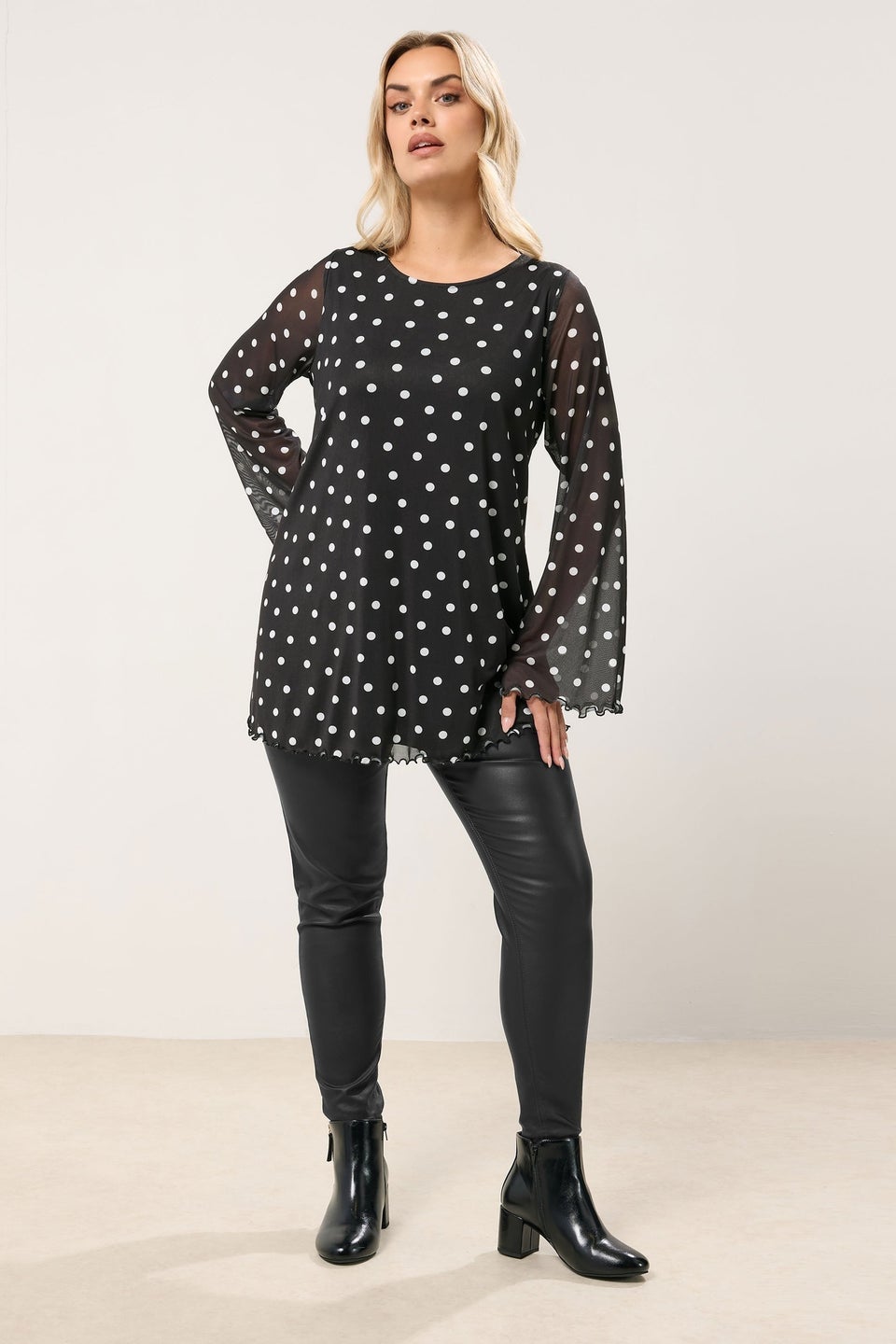 Yours Curve Black Polka Dot Mesh Swing Top