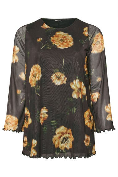 Yours Curve Brown Floral Mesh Swing Top