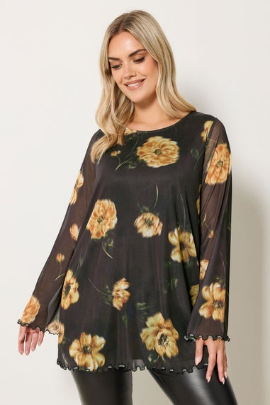 Yours Curve Brown Floral Mesh Swing Top