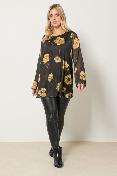 Yours Curve Brown Floral Mesh Swing Top