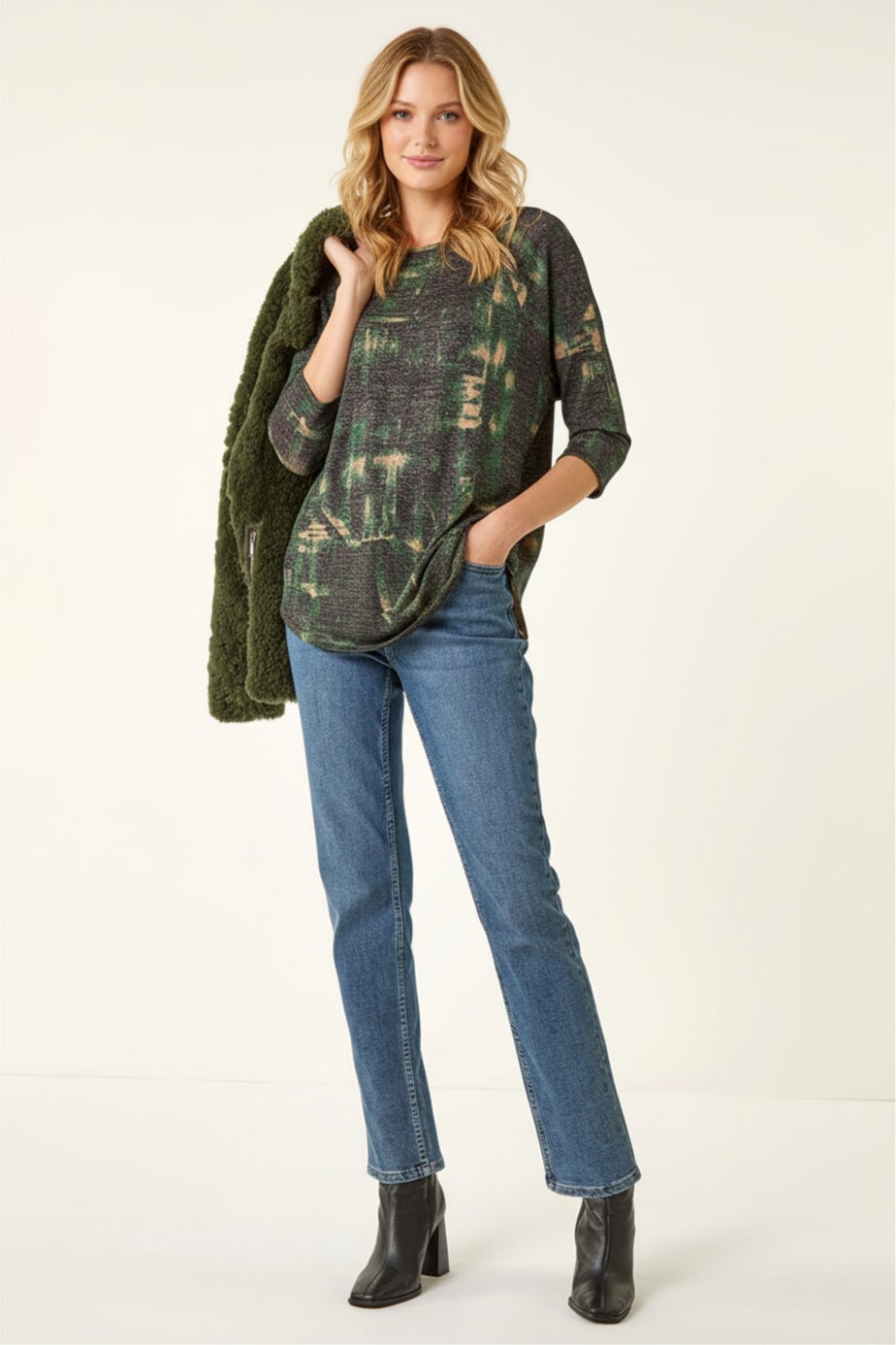 Roman Green Textured Printed Stretch Top