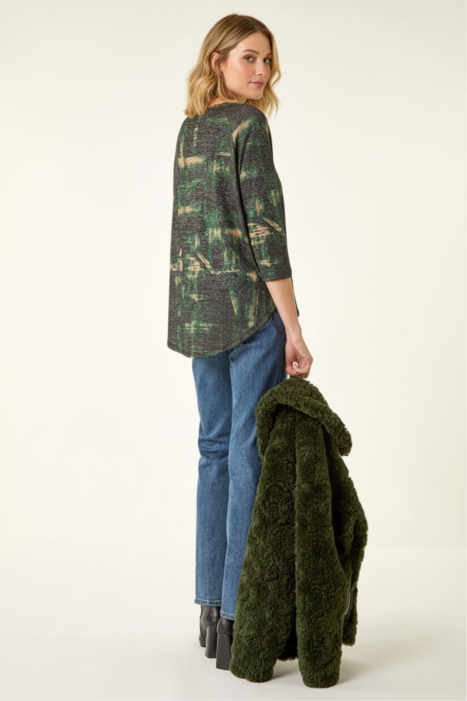 Roman Green Textured Printed Stretch Top