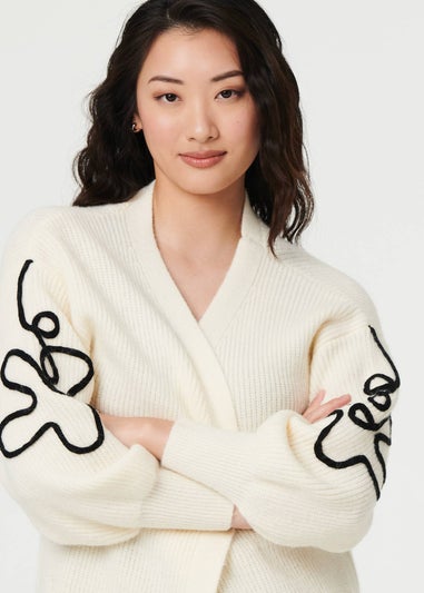 Izabel London Cream Floral Trim Detail Longline Cardigan