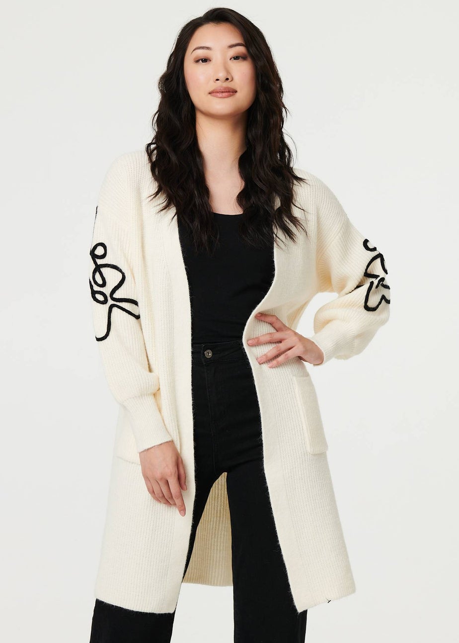 Izabel London Cream Floral Trim Detail Longline Cardigan
