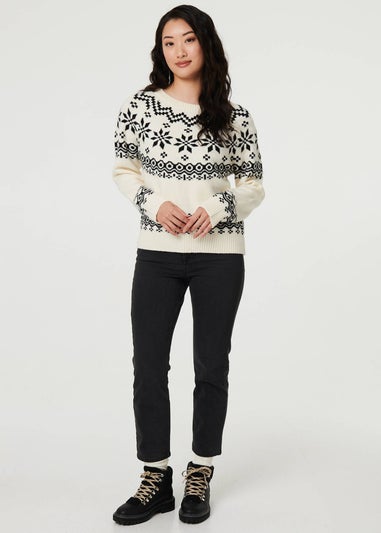 Izabel London White Fairisle Drop Shoulder Relaxed Jumper