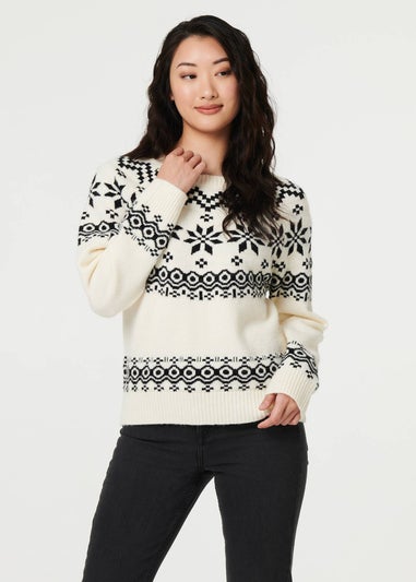 Izabel London White Fairisle Drop Shoulder Relaxed Jumper