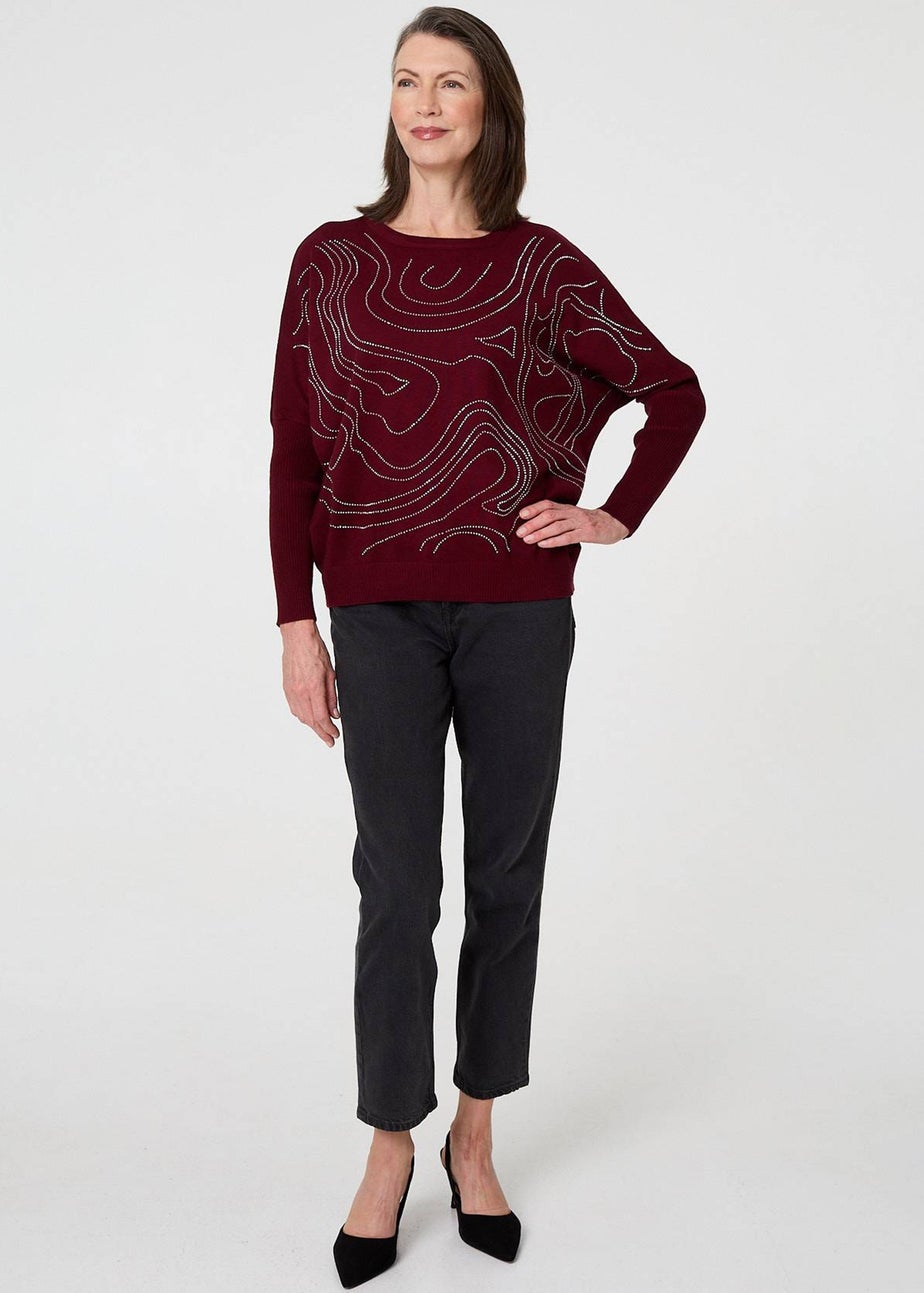 Izabel London Red Diamante Detail Batwing Sleeve Jumper