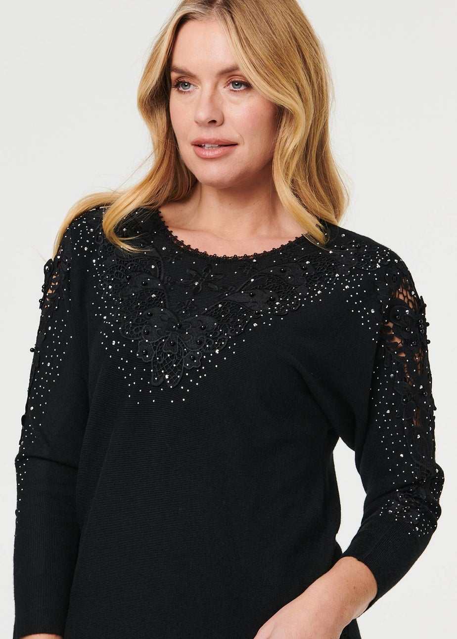 Izabel London Black Sparkly Lace Embellished Relaxed Jumper