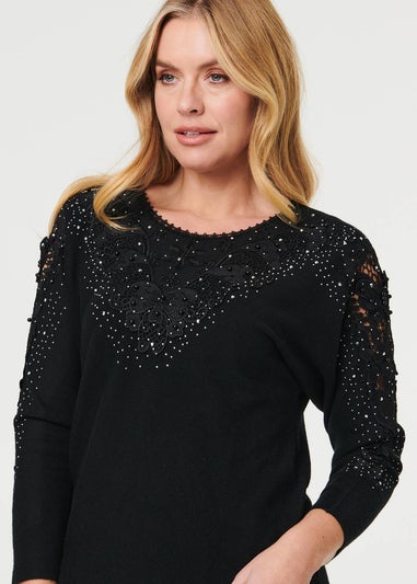 Izabel London Black Sparkly Lace Embellished Relaxed Jumper