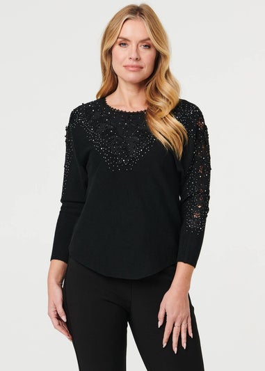 Izabel London Black Sparkly Lace Embellished Relaxed Jumper