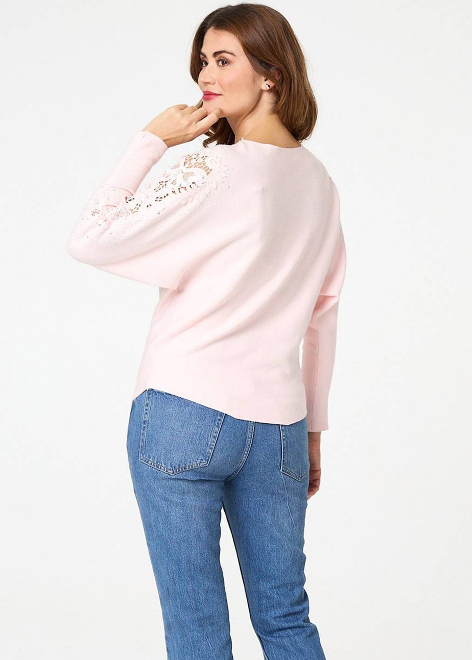 Izabel London Pink Sparkly Lace Embellished Relaxed Jumper