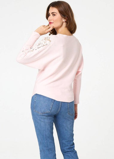Izabel London Pink Sparkly Lace Embellished Relaxed Jumper