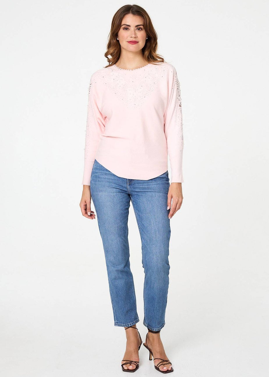 Izabel London Pink Sparkly Lace Embellished Relaxed Jumper