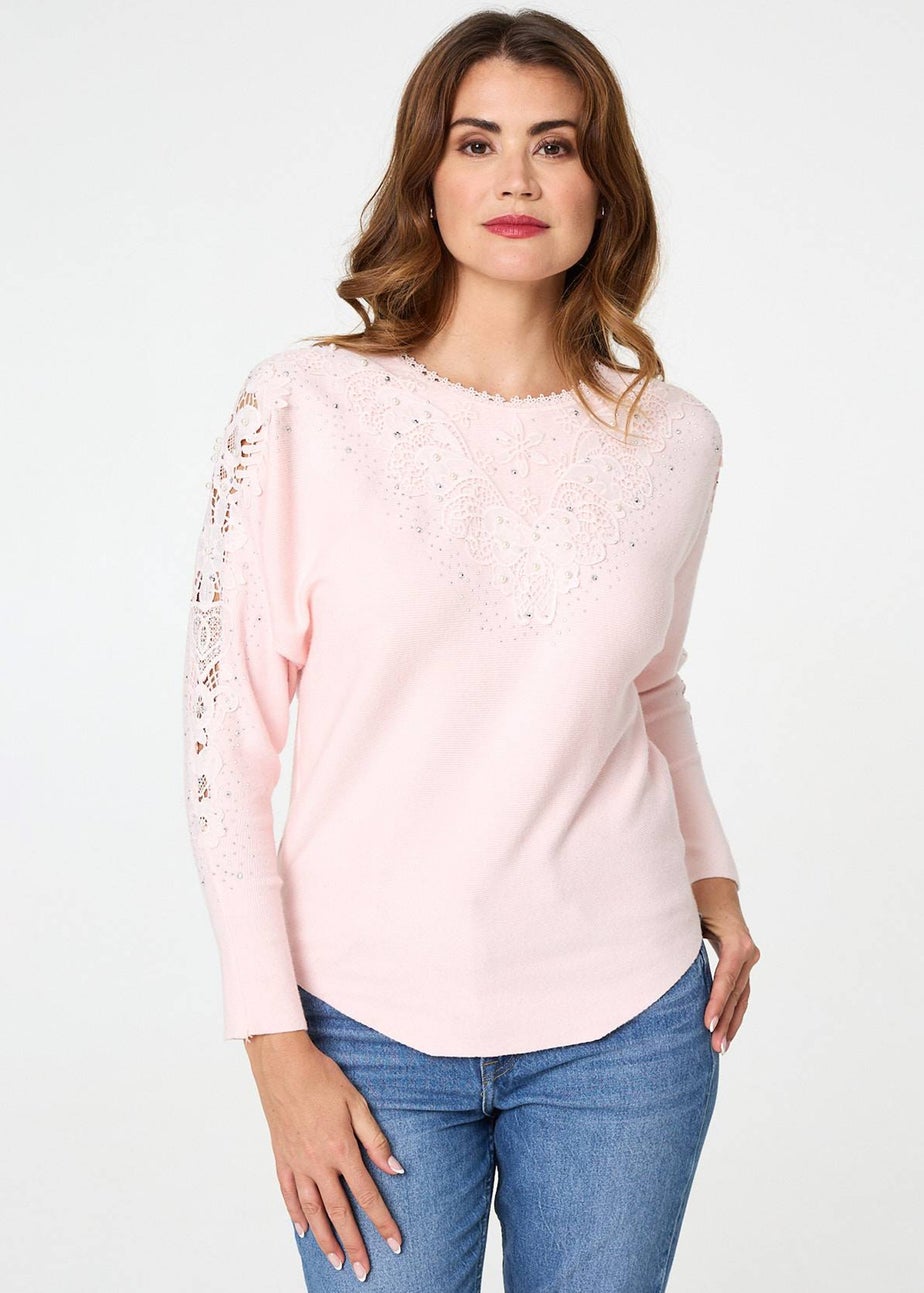 Izabel London Pink Sparkly Lace Embellished Relaxed Jumper