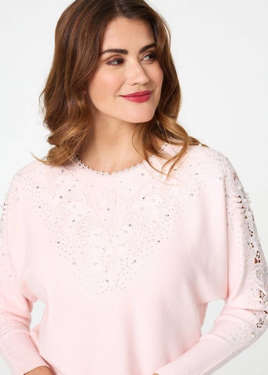 Izabel London Pink Sparkly Lace Embellished Relaxed Jumper