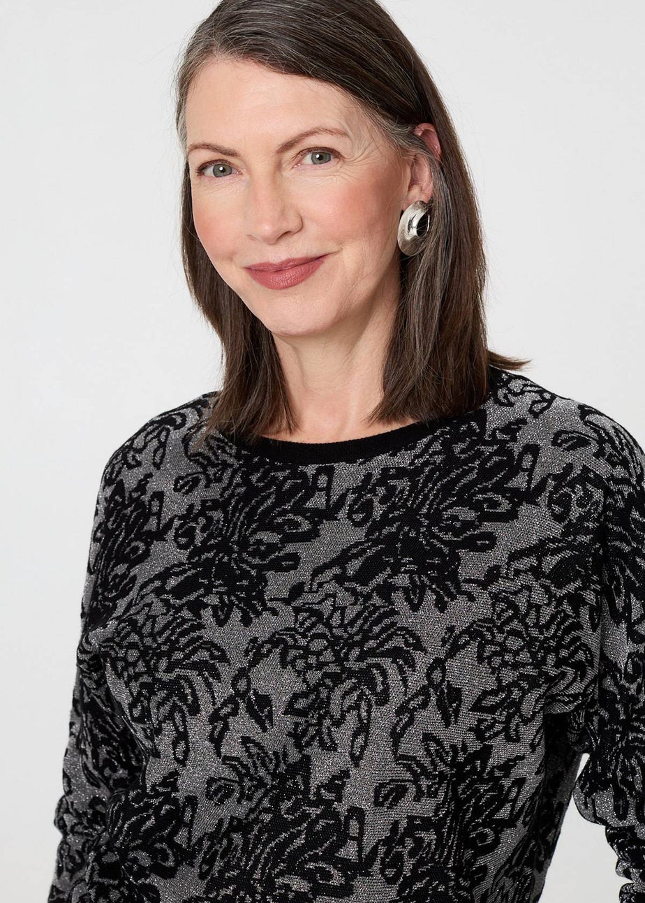 Izabel London Black Sparkly Floral Contrast Trim Jumper