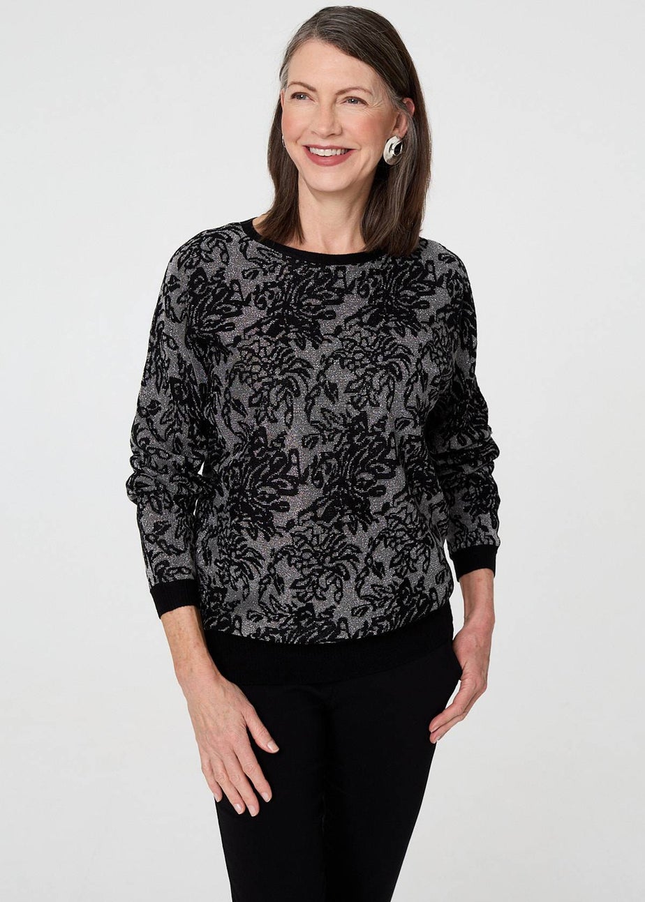 Izabel London Black Sparkly Floral Contrast Trim Jumper
