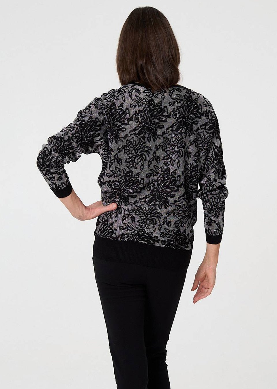 Izabel London Black Sparkly Floral Contrast Trim Jumper