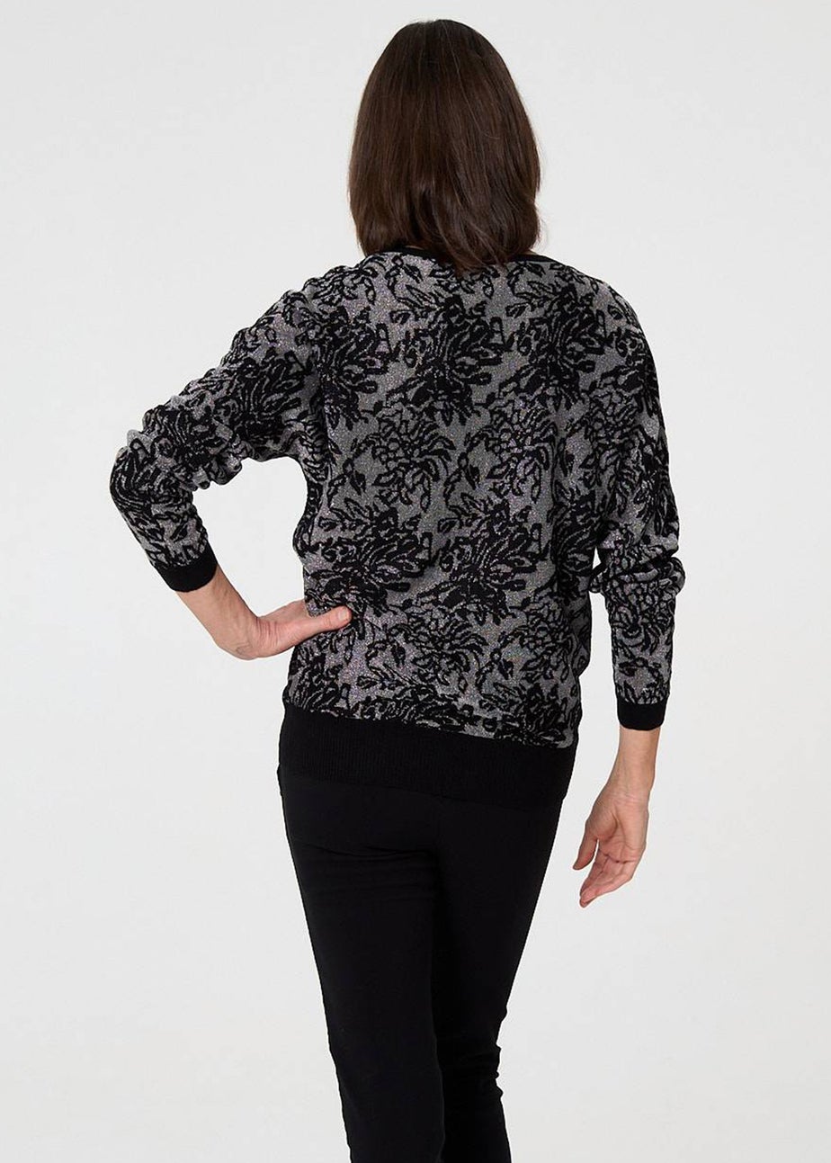 Izabel London Black Sparkly Floral Contrast Trim Jumper