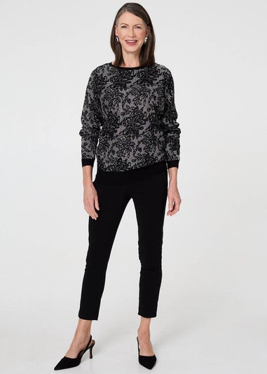 Izabel London Black Sparkly Floral Contrast Trim Jumper