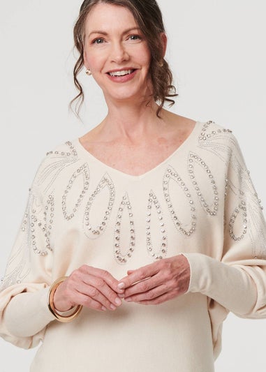 Izabel London Cream Embellished Batwing Sleeve Jumper