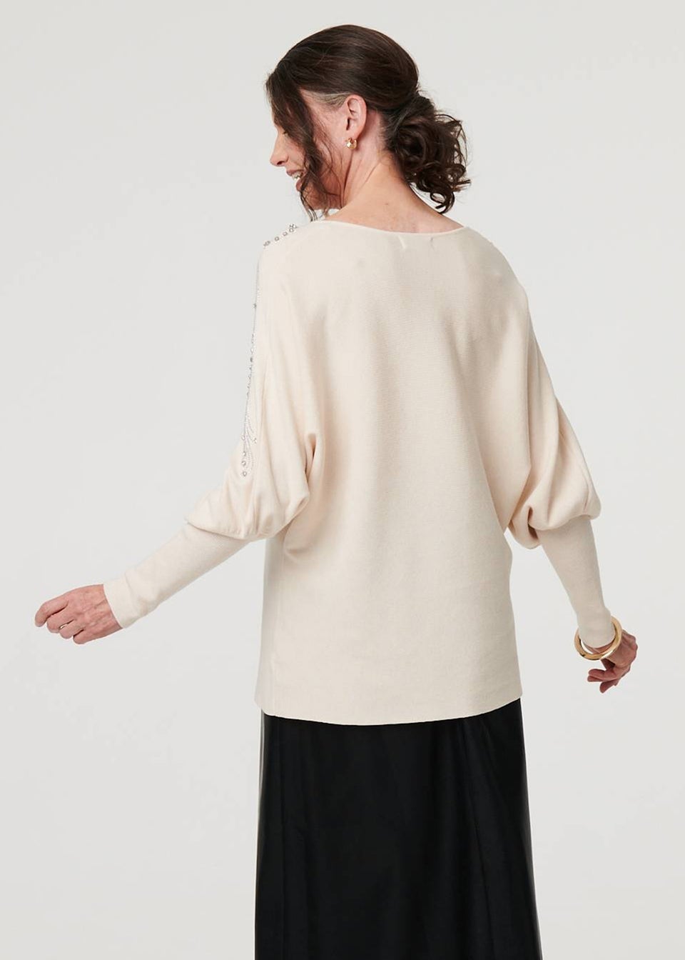 Izabel London Cream Embellished Batwing Sleeve Jumper